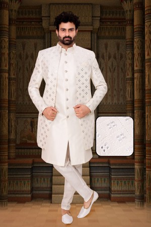  Offwhite Dhupian Silk Indo Western Sherwani